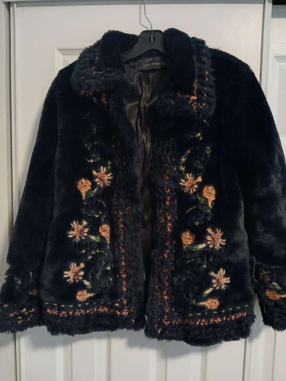 Zara black Faux Fur Teddy Jacket with Embroidered Floral Accents